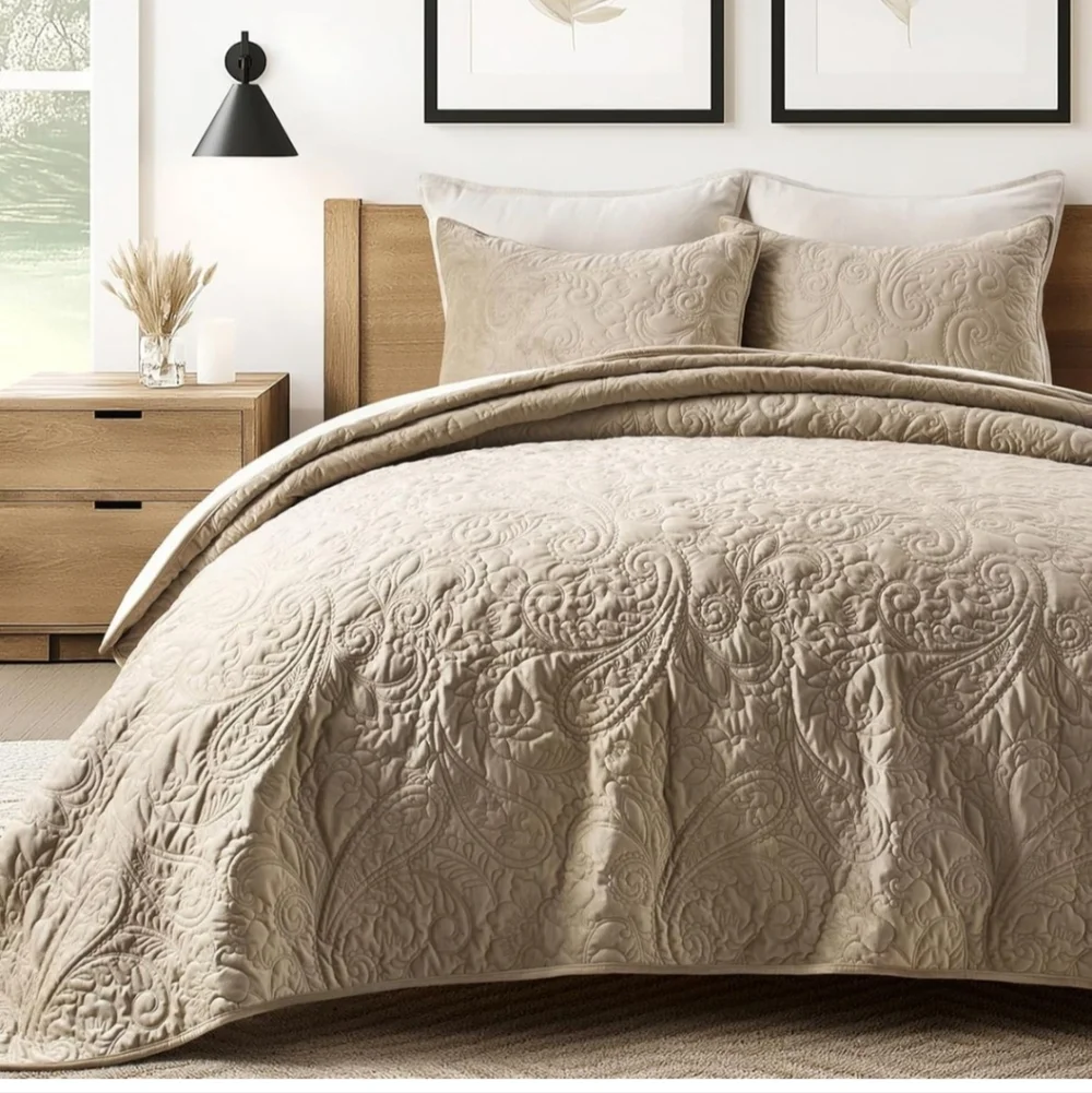 EVERGRACE Luxury Pearl Velvet Quilt Set Queen  3 Pieces, Soft Paisley-Stitch Vel